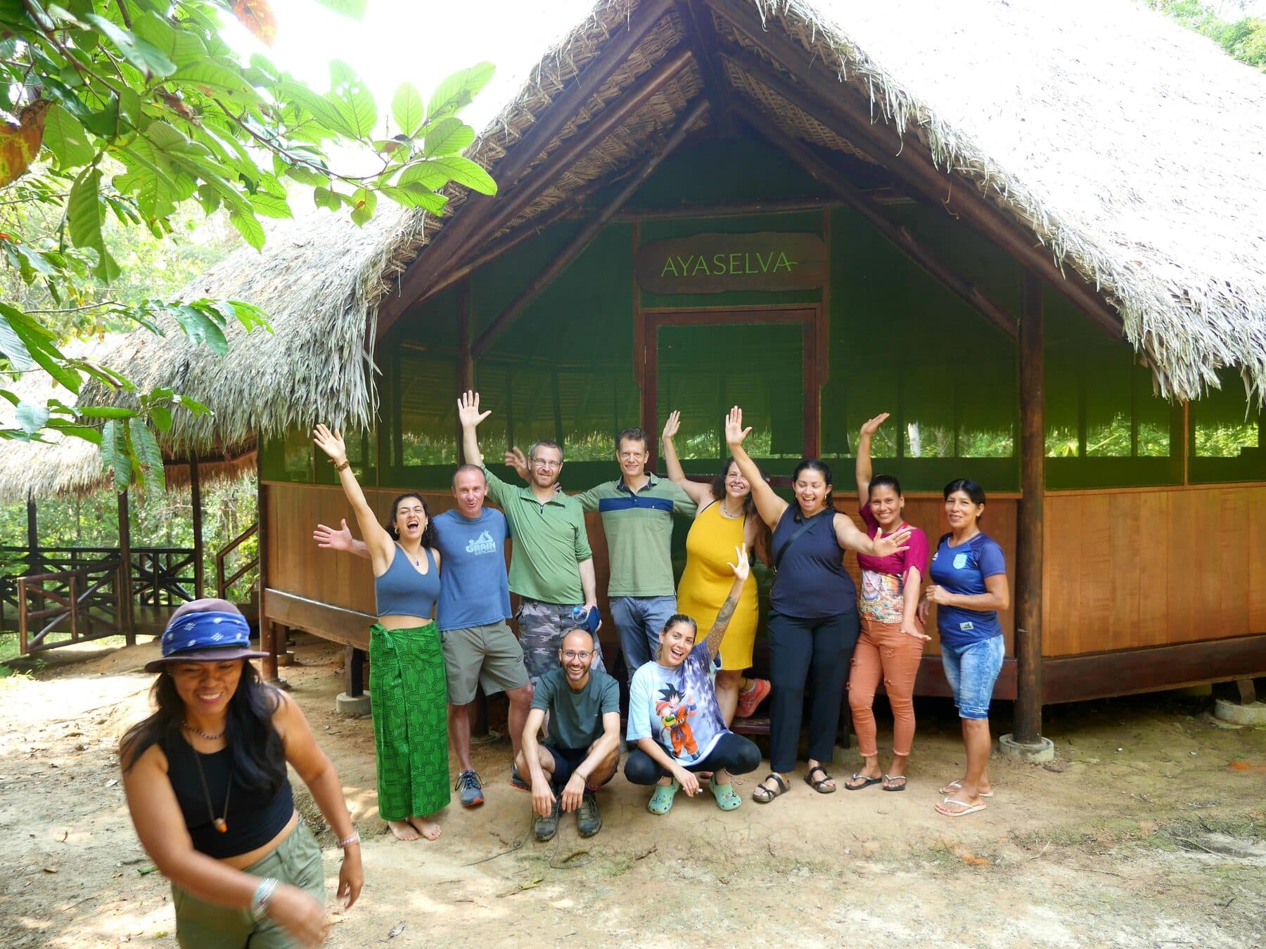 Retreat group in front of the maloca at the Ayaselva centre in Peru.